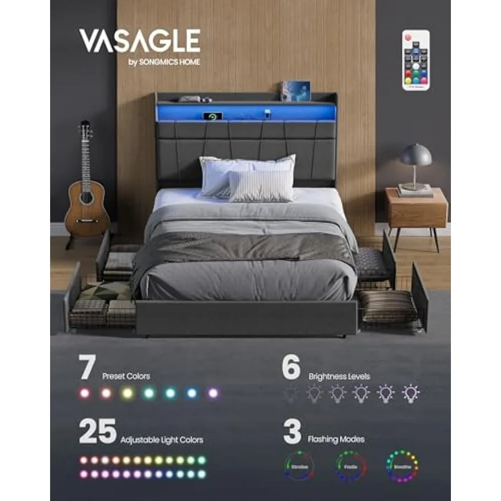 Queen Bed Frame with 51.4-Inch, Bed Frame Queen Size, with 4 Storage Drawers on Wheels, LED Lights, Charging Station image 3