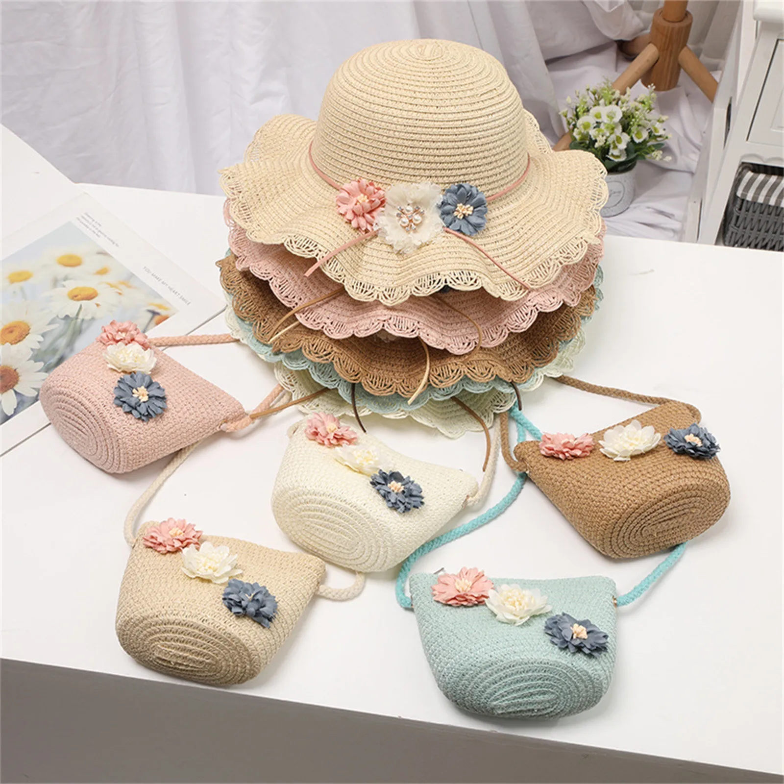 

Kids Hat Gloves Bag Hat + Flower Sun Kids Girls Sunshade Beach Summer Straw Children Hat Straw Kids Hat Kids Knit Hat Bulk