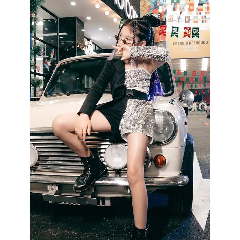 

ZZL уличная одежда для девочек Y2K, дизайн, мода, уникальное шоу, танцевальный подиум, блестки, K-pop, наряды для выступлений, черный джаз, серебро, сцена