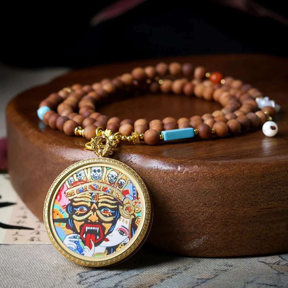 

New titanium steel hand-painted gold zakiram thangka colour-preserving plating pendant sandalwood necklace jumper chain