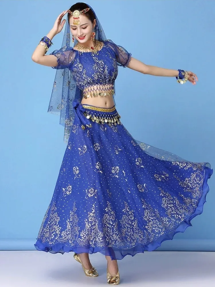 스팽글 시폰 퍼프 슬리브 크롭 탑과 하이 웨이스트 스커트 세트 – 우아한 클래식 댄스 공연 의상