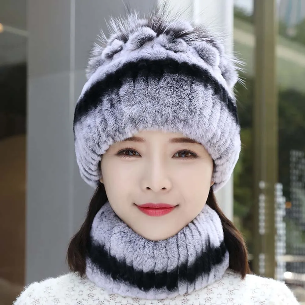 2025 100% حقيقية ريكس الأرنب الفراء القبعات طقم أربطة عنق سيدة الدافئة محبوك الشتاء الفراء الحقيقي قبعة الدافئة ريكس الأرنب 2 قطعة قبعات الفراء وشاح #3
