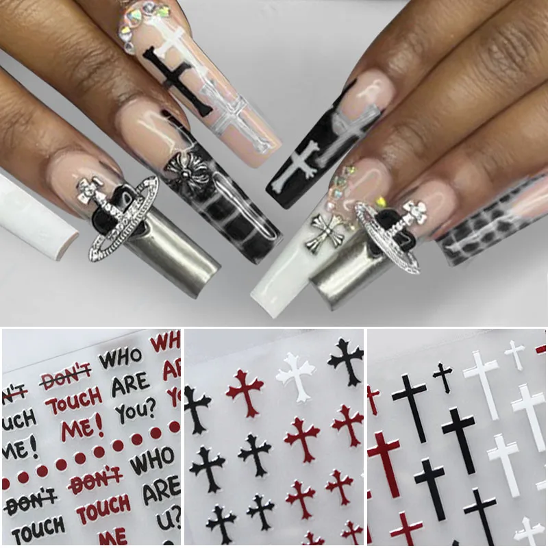 Retro Cross Nail Stickers Punk Snake Nail Decals Geometry Strips Dots Design Self Adhsive Nail Art Stickers Women Nail Supplies