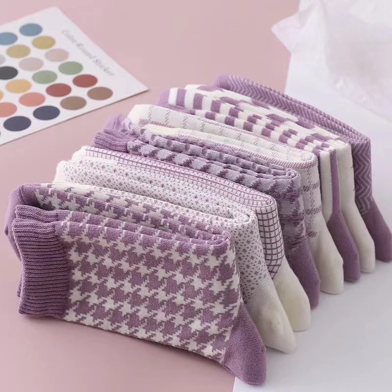 5Pairs/Lot Purple Design Japanese Girl's Sock For High School Students Cotton Comfortable Socks