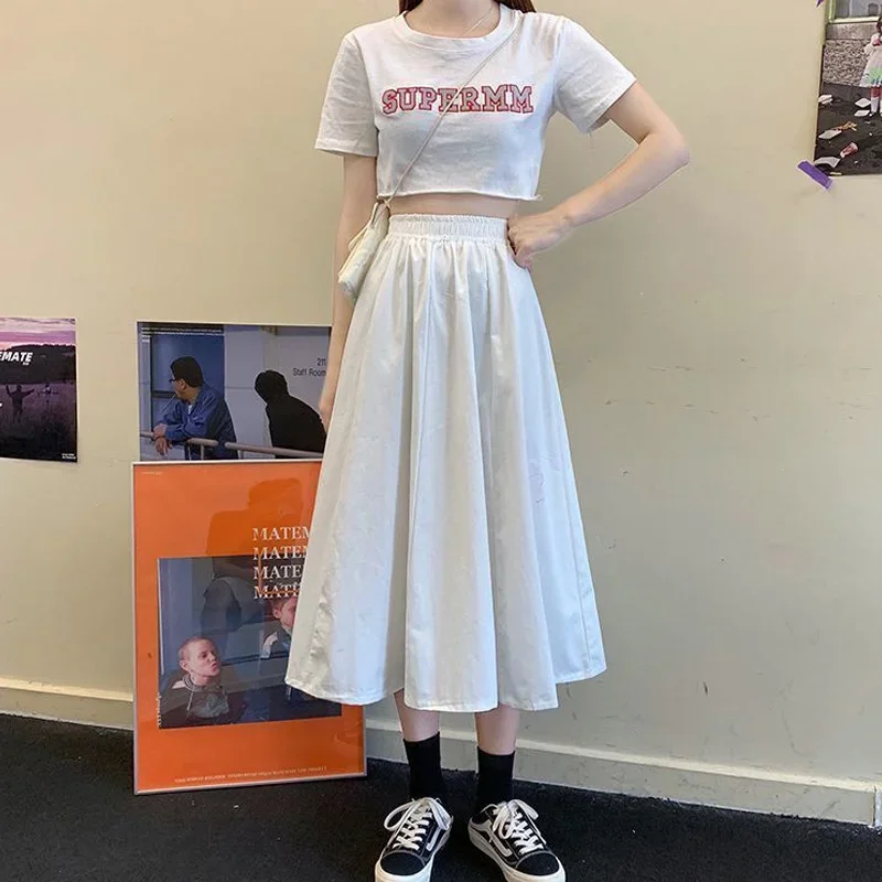 

Spring Summer New High Waist A-line Skirts Solid Loose White Versatile Half Length Skirt Casual Fashion Korean Women Clothing