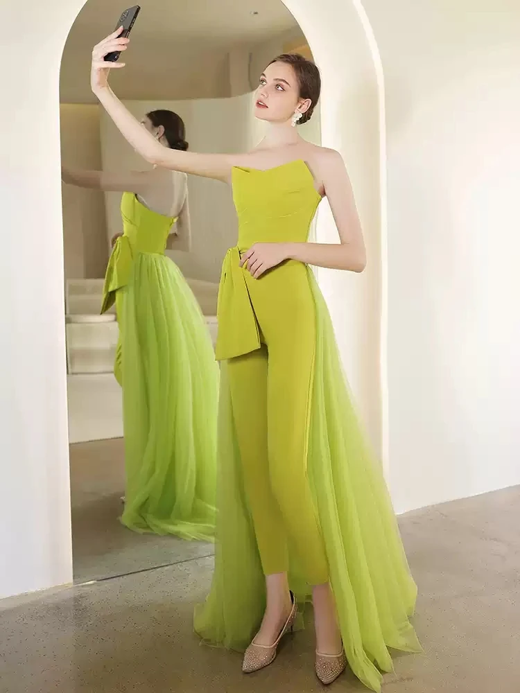 High Quality Green Prom Dress 2026 Strapless Pleats Jumpsuit Formal Dress Evening Pageant Gown Birthday Robe De Soriee