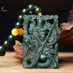 Hollowed-out Carving Hetian Jade Guan Gong Pendant Blue Jade Wu God of Wealth 18 Arhat Men's Jade Necklace Fashion Jewelry Gift