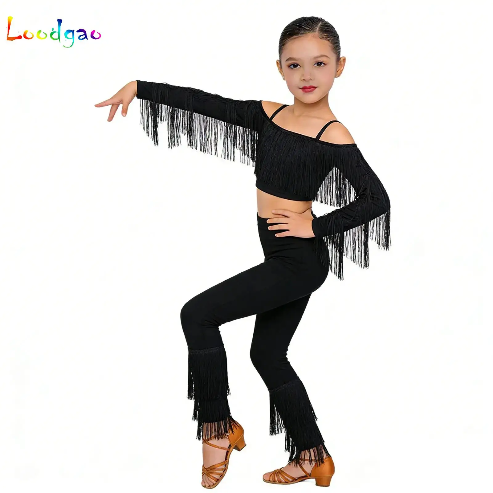 Girls Latin Fringed Sleeves Top And Pants Kids Chacha Ballroom Dance Costume Black Leopard Latin Dance Competition Clothes Set