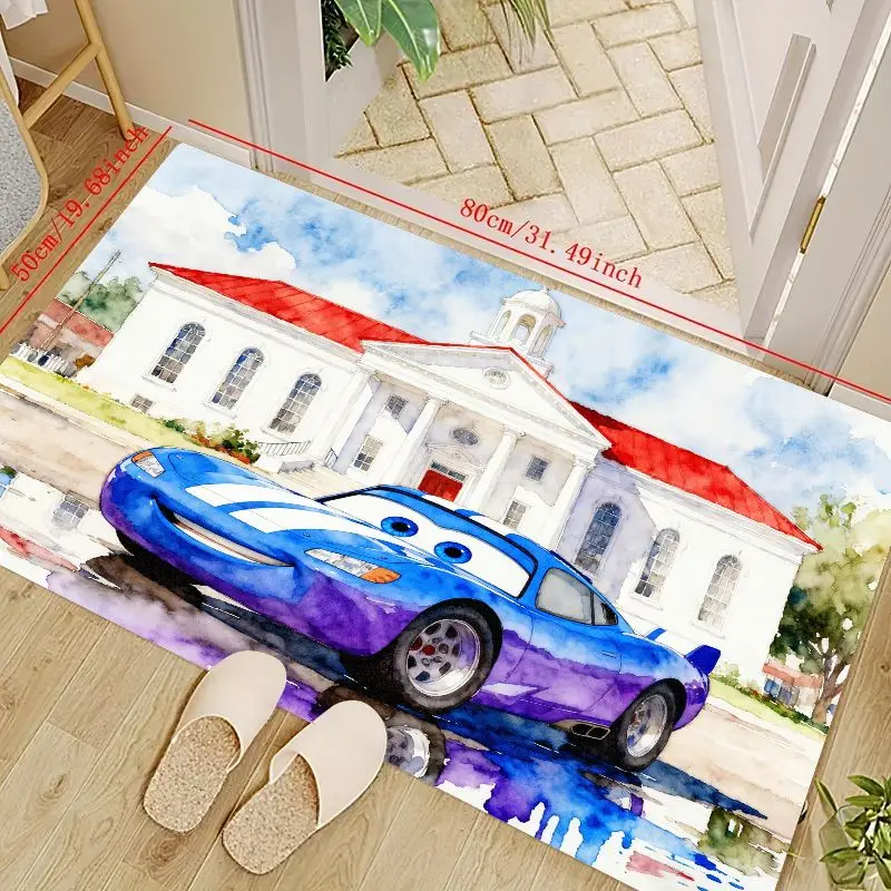 

1 шт. детский мультяшный синий коврик для гоночного автомобиля, яркий напольный коврик в акварельном стиле с белым зданием и красным фоном крыши, мягкий нет