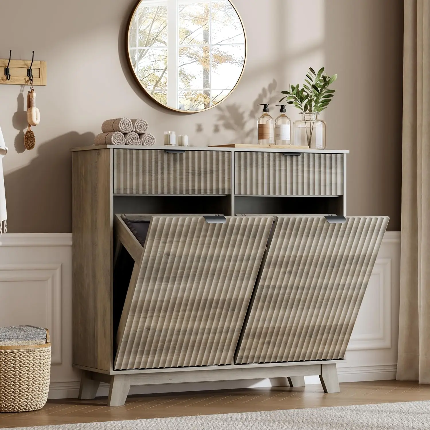Double 10 Gallon Tilt Out Trash Cabinet with Storage Drawer, Kitchen, Grey, Customized