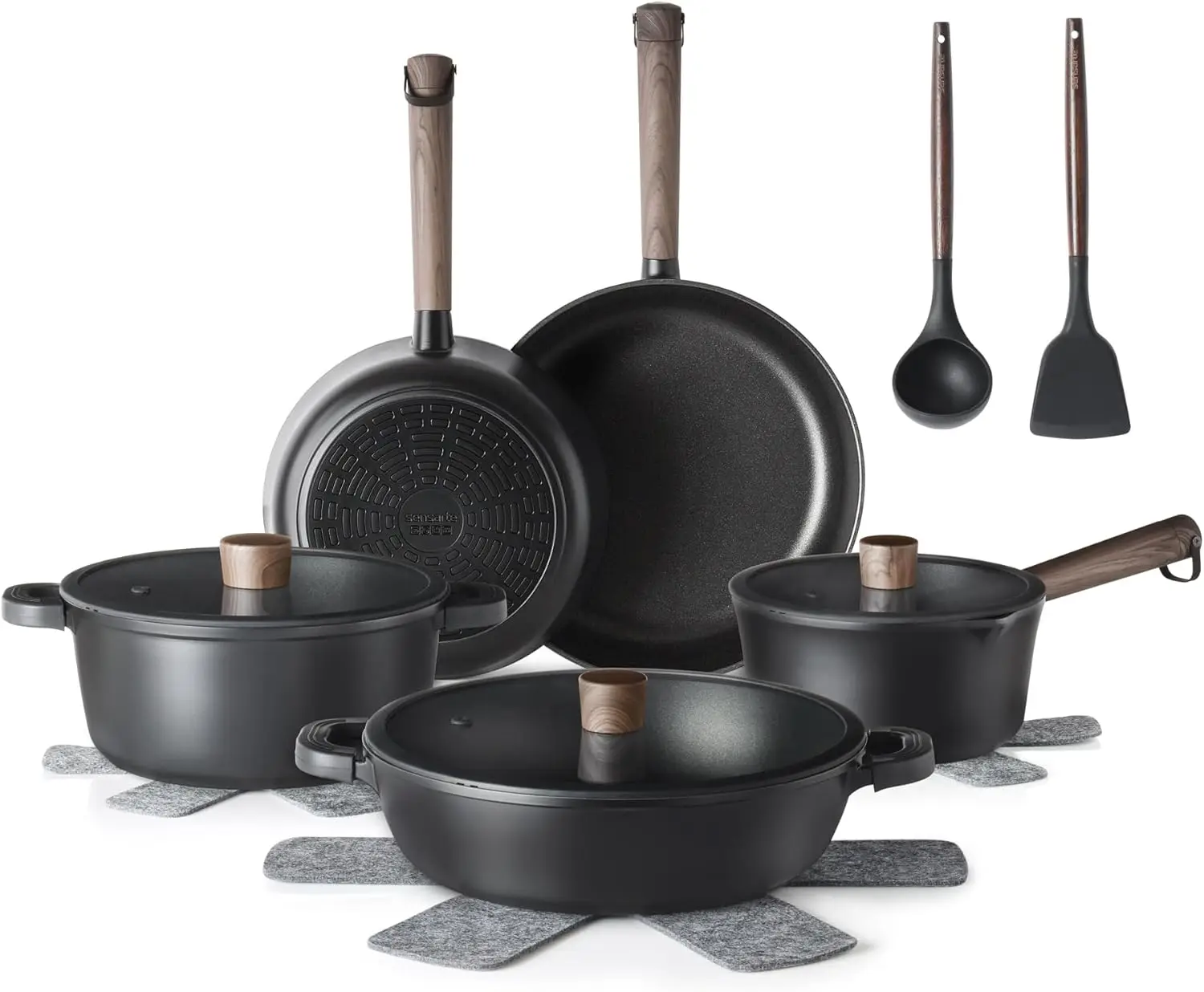 Juego de Ollas y Sartenes Antiadherentes, Juego de Utensilios de Cocina Antiadherentes, Aptos para Lavavajillas y Horno, Compatibles con Inducción, Fre