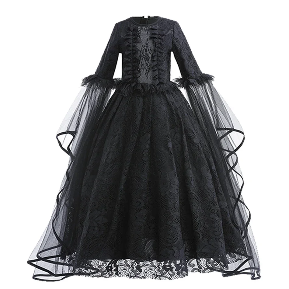 Girls Black Gothic Lace Long Dress Kids Long Sleeve Witch Vampire Costume for Halloween Cosplay Theme Party image 2