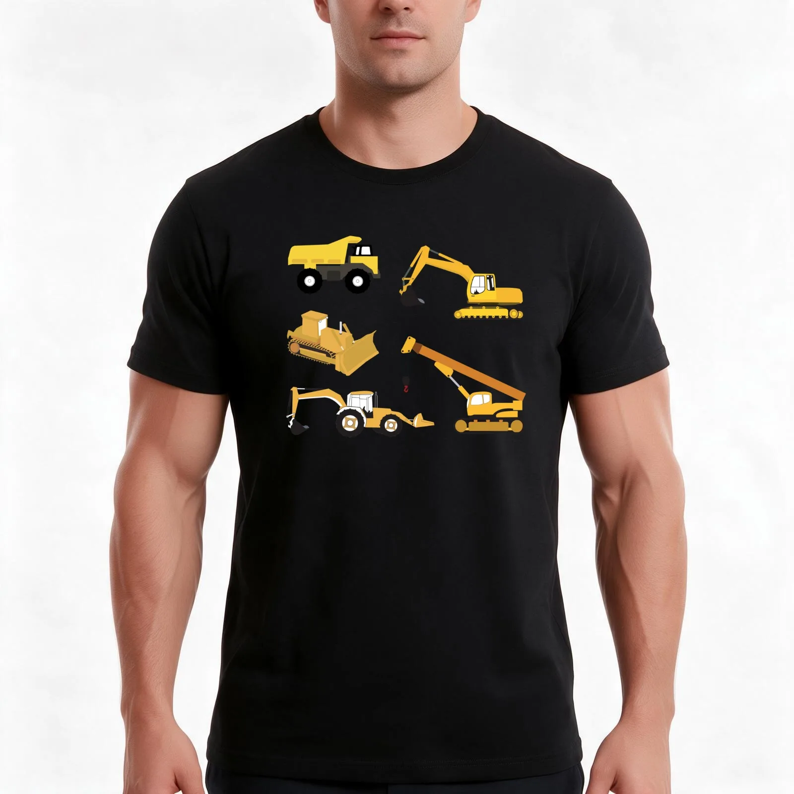 Construction Trucks - Excavator, Crane, Bulldozer and Backhoe T-Shirt, Summer Casual Cotton Tee, Oversized Streetwear Tops