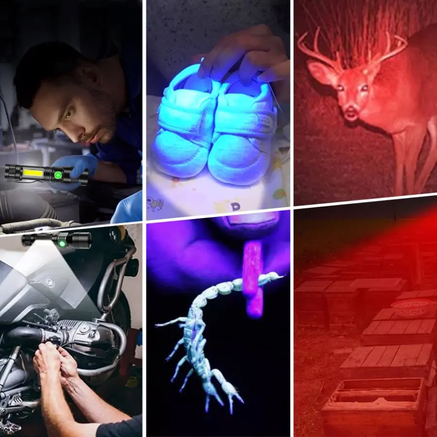 Super Bright Red/White/UV Light LED Flashlight 7 Modes Type-C USB Rechargeable Multifunctional Magnetic Work Lamp Portable Torch