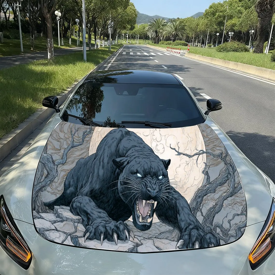 Angry Panther Dominant Realistic PVC Car Hood Wraps, Self-Adhesive Waterproof Car Bonnet Decal Sticker, Car Decoration Protectio