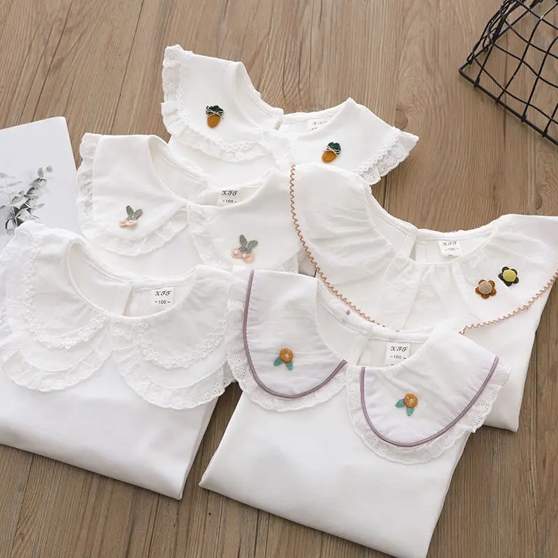 New Autumn Children\'s White Tops Casual Toddler Baby Pearl T-shirts Cotton Long Sleeve Flower Tshirt Kids Turn-down Collar Shirt