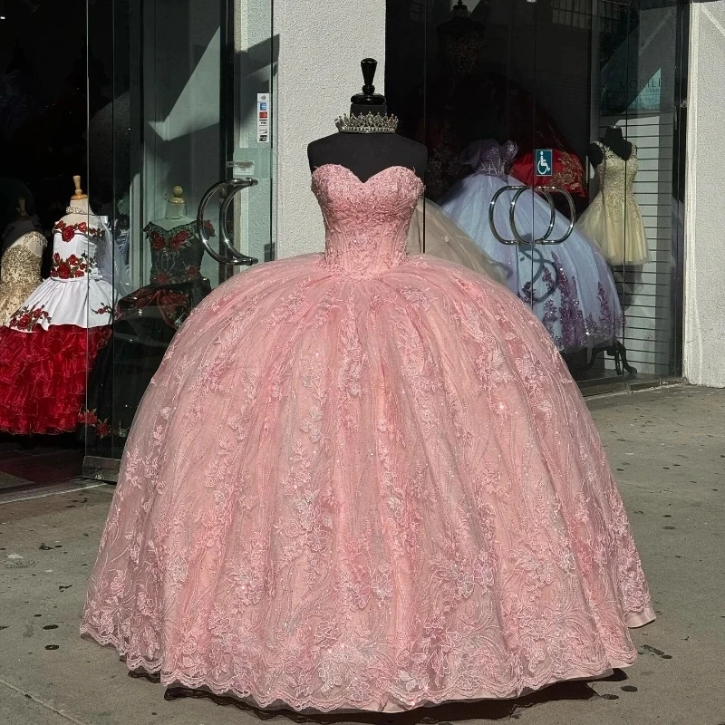 

Pink Off Shoulder Ball Gown Quinceanera Dresses Applique Lace Beads Sweet 16 15 Birthday Dress Vestido De 15 Anos Pageant