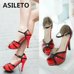 ASILETO Summer Sexy Women Sandals 32 33 Stiletto Peep Toe Buckle Strap Mixed Color Large Size 44 45 Sexy Wedding Party Shoes