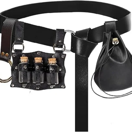 Imagen 2 del producto Cinturón medieval, botella mágica de vidrio con tapa para botella, juego de bolsa de cintura con monedas de cobre, accesorio para cinturón de disfraz de Halloween