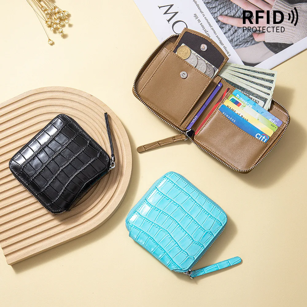 Genuine Leather RFID Short Wallets Crocodile Pattern Card Holder Bag High-End Portable Cowhide Zipper Small Money Coin Purse .