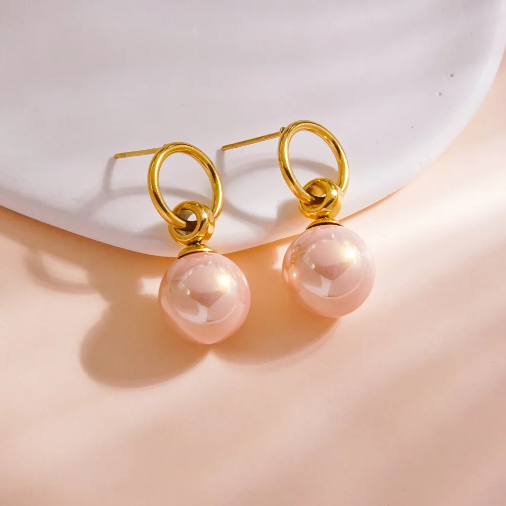 Fashionable Small Cute Pink White Pearl Stud Drop Earrings Women Stainless Steel Gold Plated Jewelry Earrings