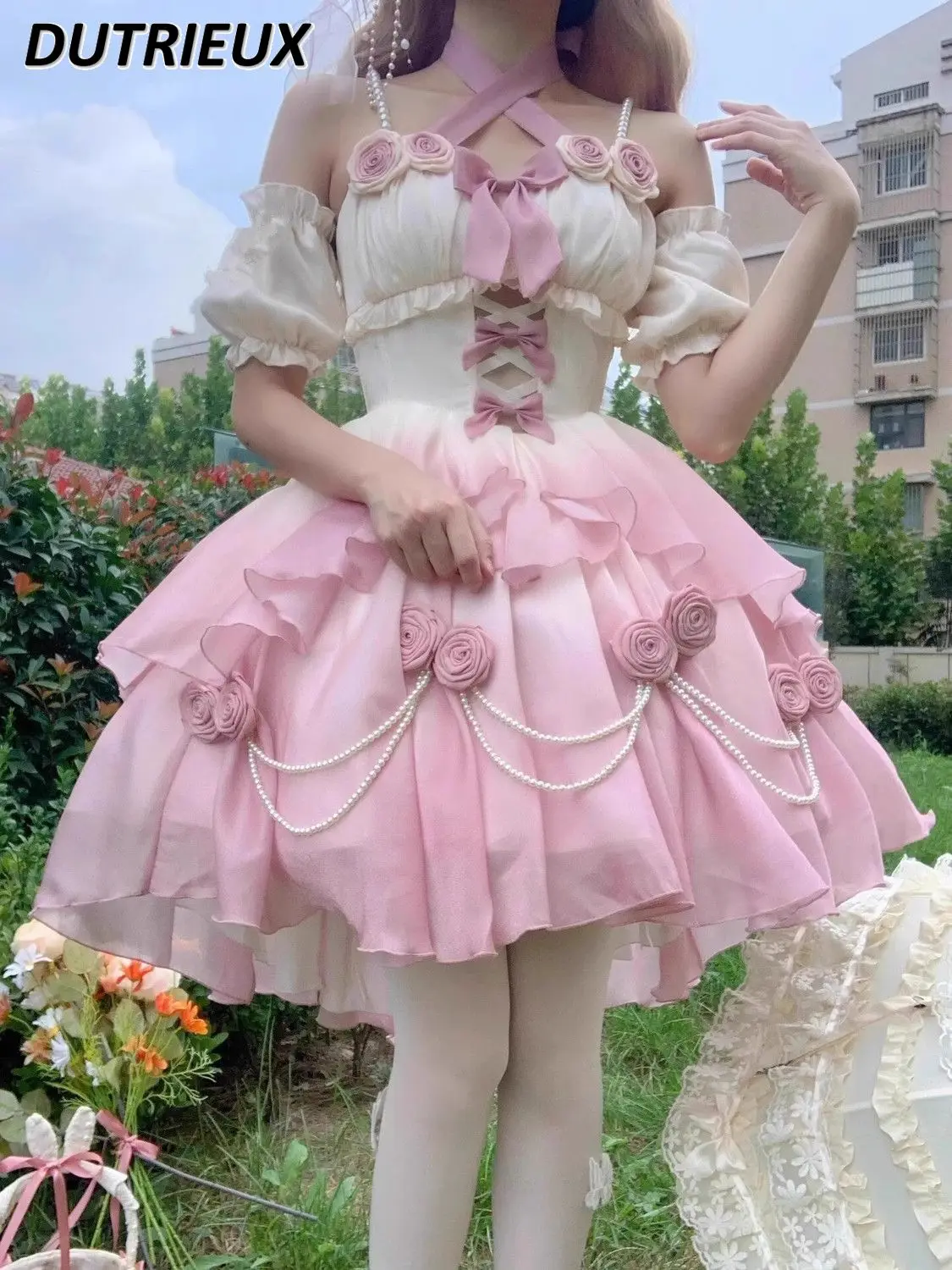 

Gradient Pink Hollow Lolita Cute Sweet Fluffy Princess Dress Summer New Short-sleeved Off-shoulder High-waisted Bow Dresses