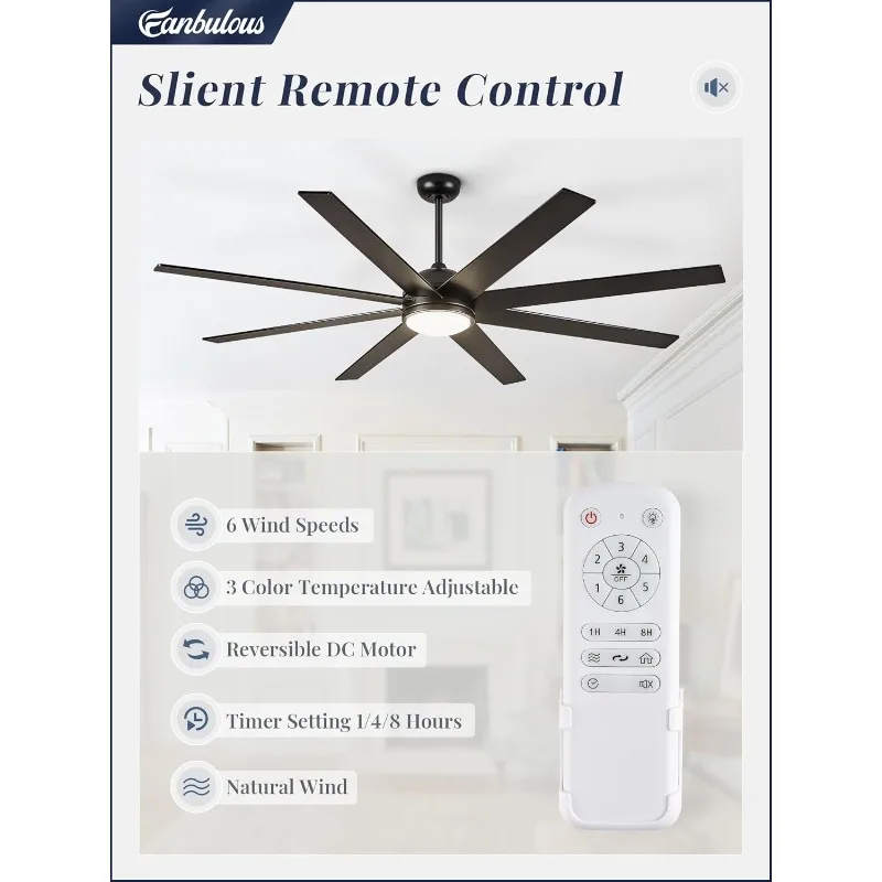 65 Inch Ceiling Fans with Lights and Remote, Black Indoor/Outdoor Ceiling Fan with Quiet Reversible DC Motor, 6 Speeds