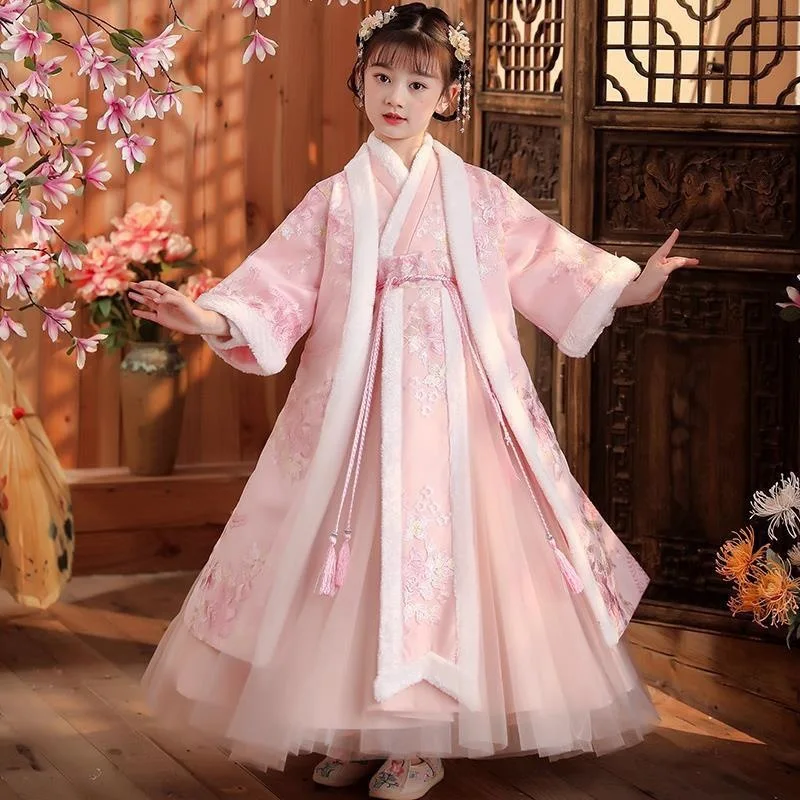 

Hanfu Girls Costume Cheongsam China New Year Spring Festival Clothing Winter Thickening Robe Warm Performance Flower Kid Dresses