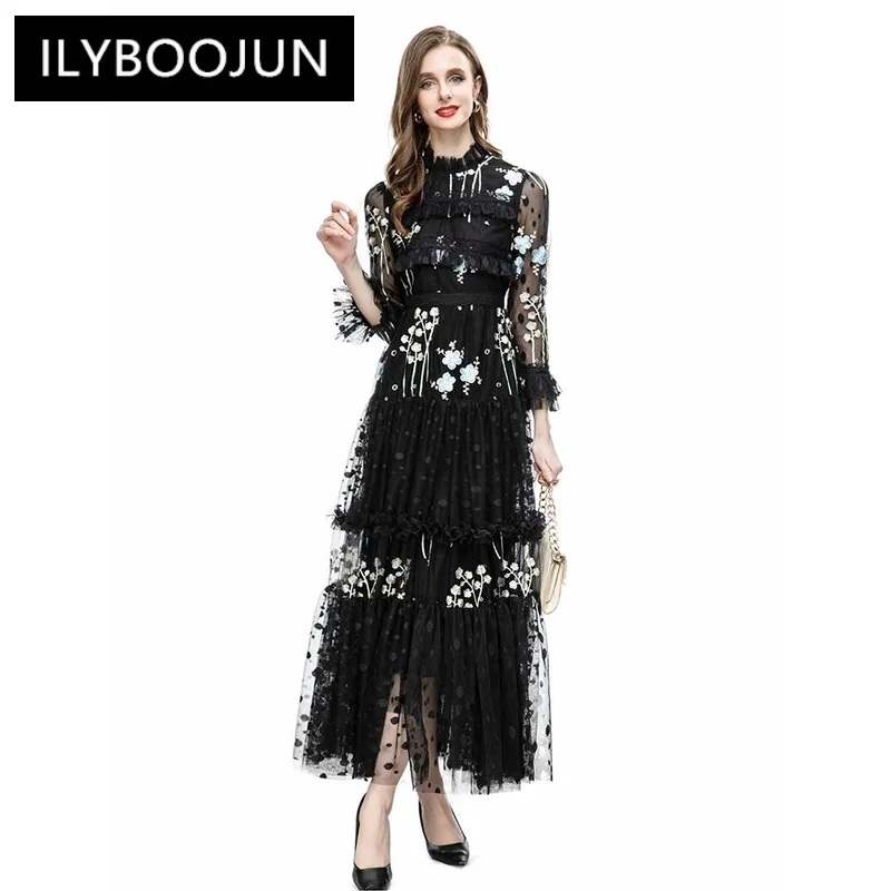 

ILYBOOJUN 2023 Summer Runway Designer Elegant Party Dress Women's Black Round Neck Cascading Ruffle Print Splice Lace Dress