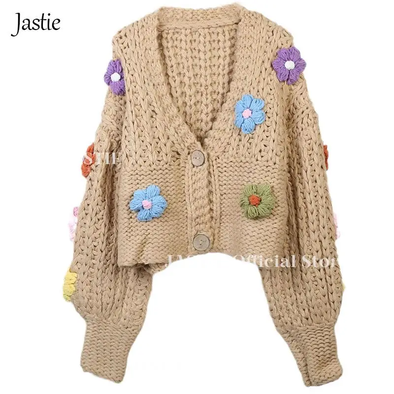 Jastie Sweater Cardigan 2023 Autumn Winter New Women's Clothing Handmade Flower V-neck Long-sleeved Loose Sweet Knitted Cardigan