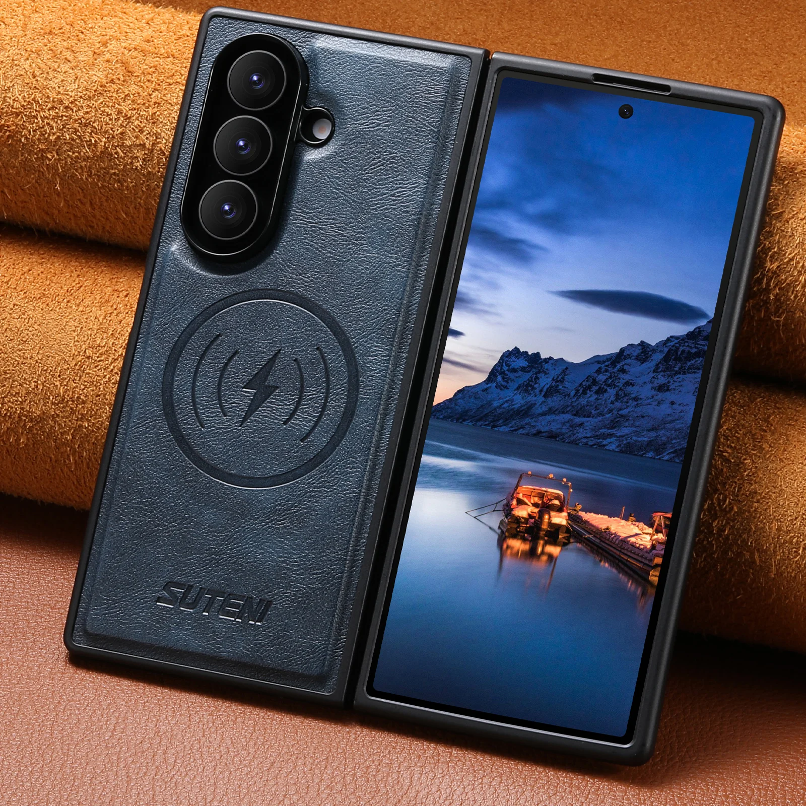 SUTENI Kunstleder Magnetische Kabellose Ladehülle mit Glatter Textur für Samsung Galaxy Z Fold 8 Ultra 7 6
