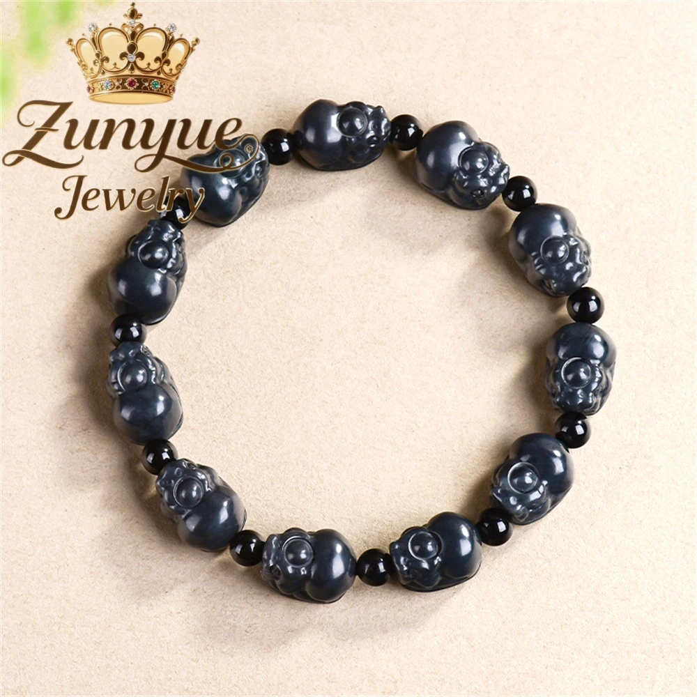 

Authentic Natural Hetian Jade Soot Pi Xiu Stone Bracelet Bucket Bead Bracelet Fashionable Men's And Women's Personalized Jewelry