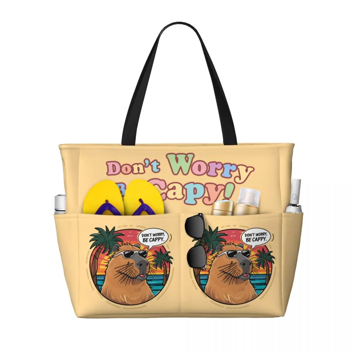 

Custom Don't Worry Be Cappy Capybara Beach Tote Bag Women Extra Large Gym Carry On Travel Shopping Bags