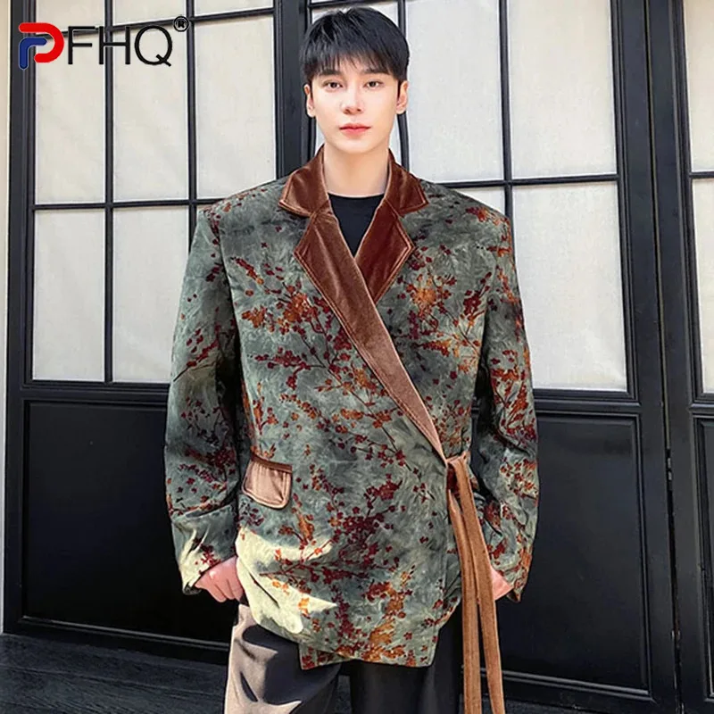 

PFHQ Lace-up Suit Jackets Personality Lapel Shoulder Design Contrast Color Men's Blazer Retro Spring Stylish Personality 9C4575