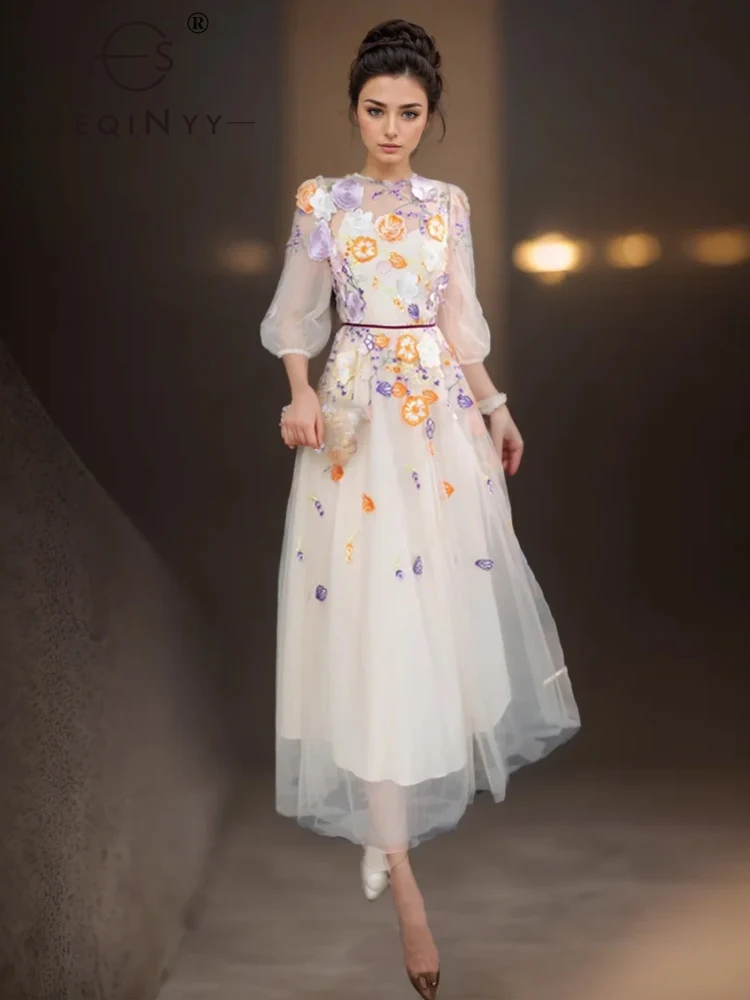 

SEQINYY Elegant Beige Dress Summer Spring New Fashion Design Women Runway Half Sleeve Mesh Embroidery Vintage Flower Casual
