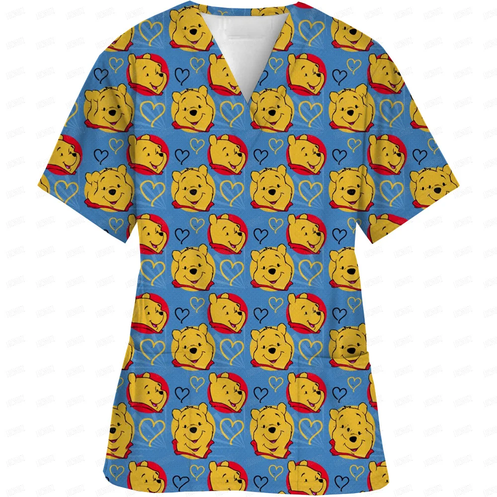 Disney Winnie the Pooh Medical Nurse Uniform Jogger Scrubs Hospital Uniforms Scrubs New Spa Uniforms Women V-neck Fashion Top