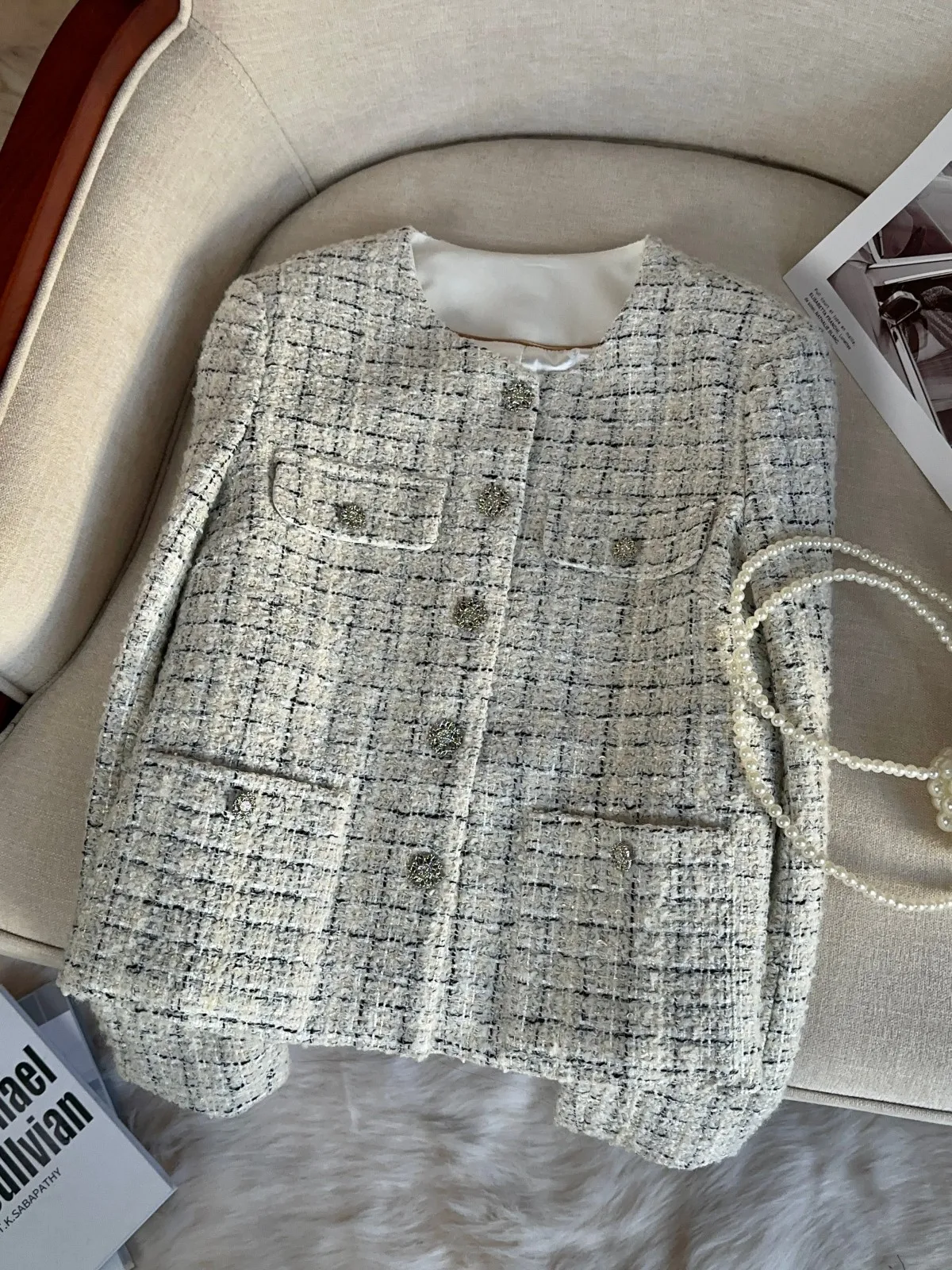 

Fall Winter Plaid High Fashion Women's Jacket off White Button up Loose Fit Long Sleeve round Neck Coat Elegant Lady Style