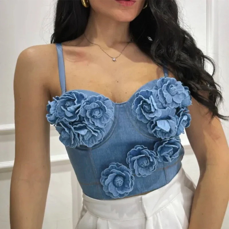 

Women Y2k 3D Blue Floral Nightclub Rave Crop Cami Top Black Flower Bustier Denim Corset Top