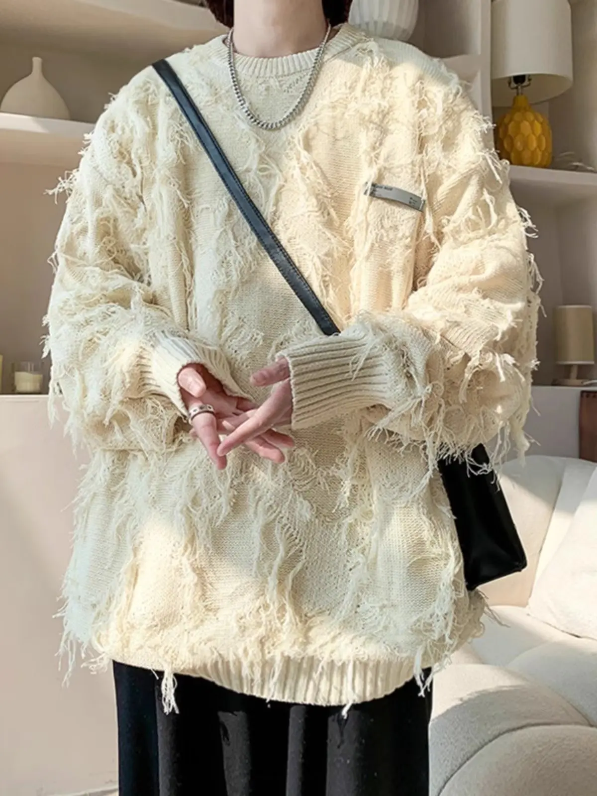 

Slimming Large Size Autumn Winter Knitwear Men's Loose Baseball Collar Tassel Pure Color Sweater Youth Faion Trendy