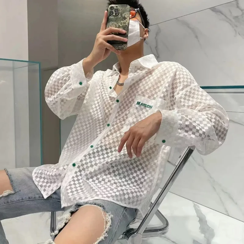 

Fashionable and Versatile Long-sleeved Men's Hollow Breathable Grid Shirt