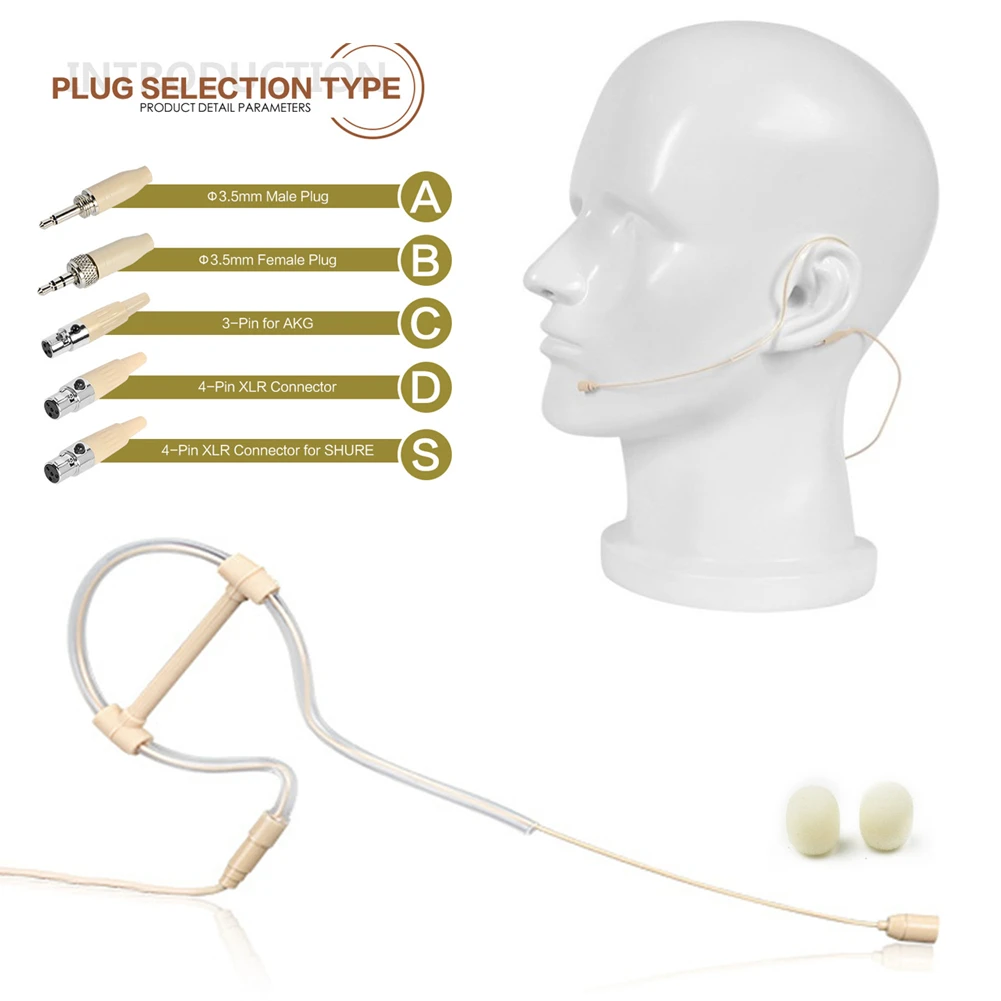 Beige Single Ear Hook Headset Mic Headworn Microphone Hand-free Operation 3.5mm 3 Pin 4 Pin XLR Plug With Microphone Cover 