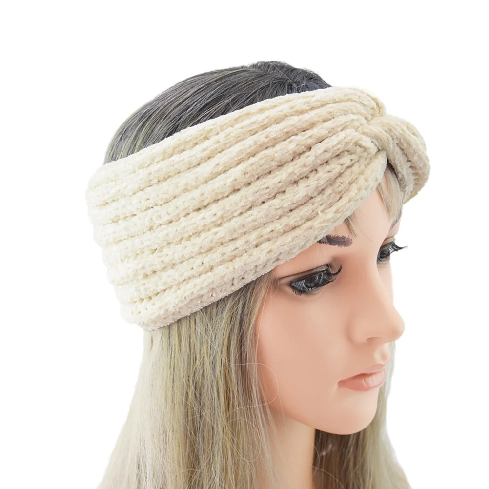 

White Knitted Headband Warm Winter Exercise Hair Band Wool Yarn Headwrap Women Cross Headband