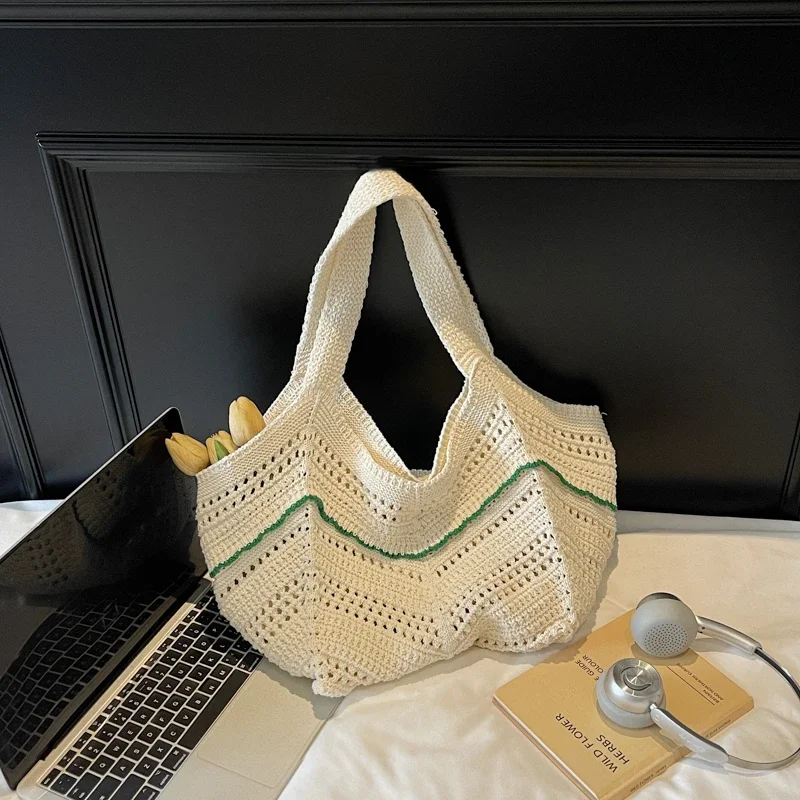 

Простые повседневные универсальные вязаные сумки на плечо большой вместимости, высококачественные полые сумки изысканного стильного дизайна, женские сумки-тоут