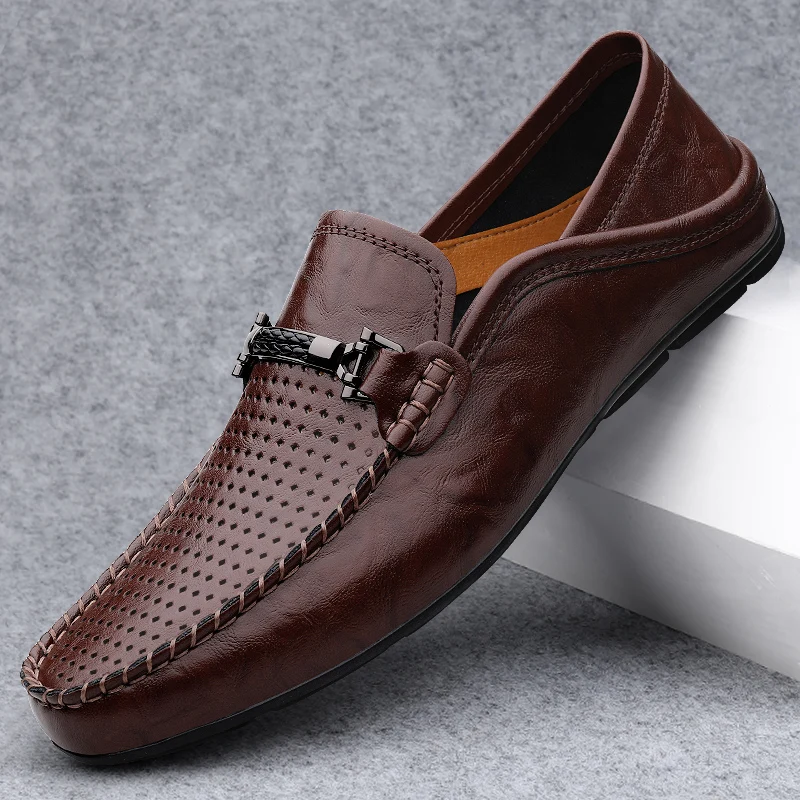 

Mens Slip on Shoes Hollow Out Loafers Handmade Male Outdoor Shoes Genuine Leather Male Comfortable Walking Shoes Plus Size 38-48