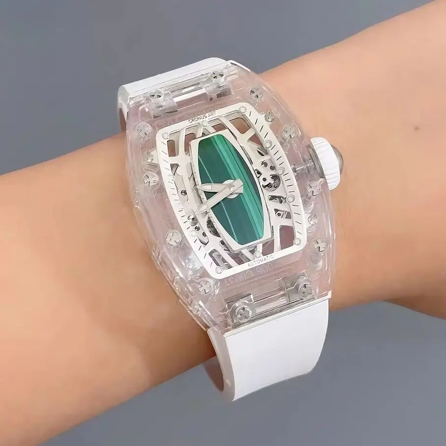 CRONUSART Women Automatic Watch 31.5mm Tonneau Ladies Mechanical Wristwatch K9 Crystal Sapphire Mirror FKM Strap