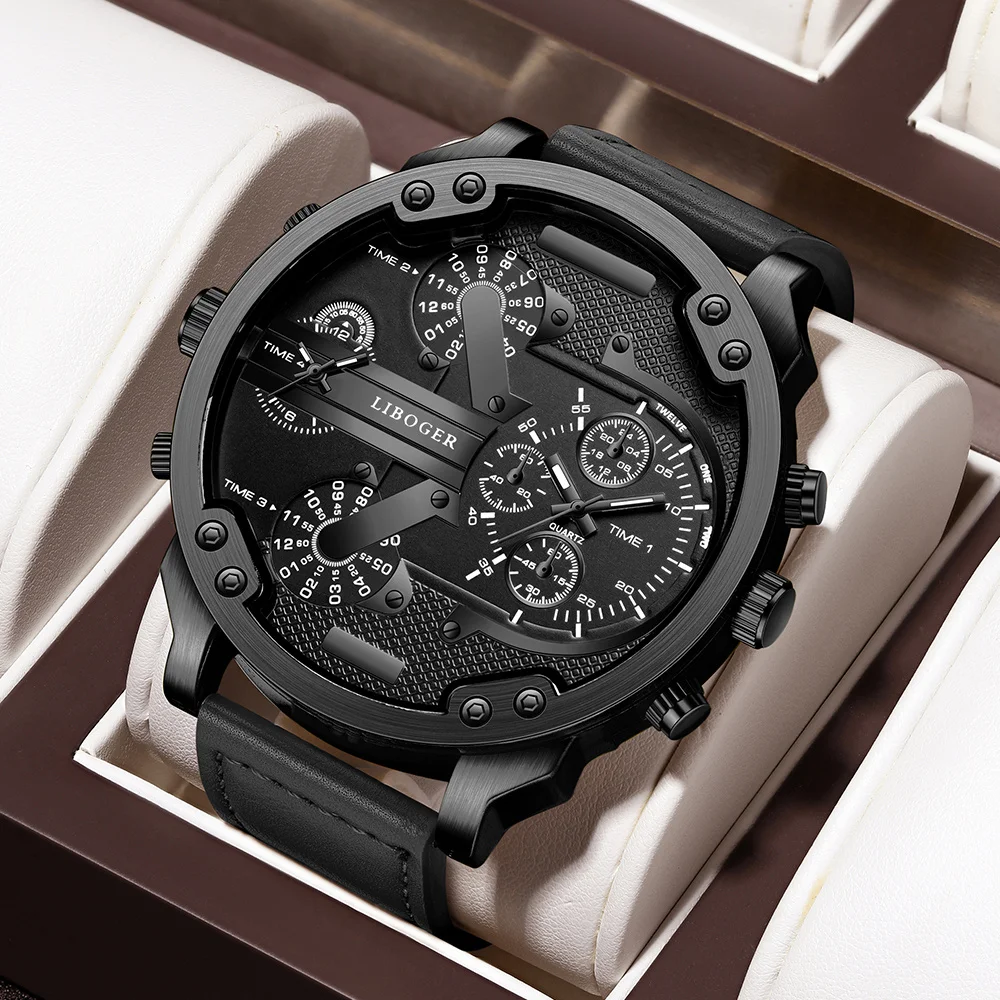 1 Piece Trendy Men's Large Dial Watch, Alloy Case, Artificial Leather Strap