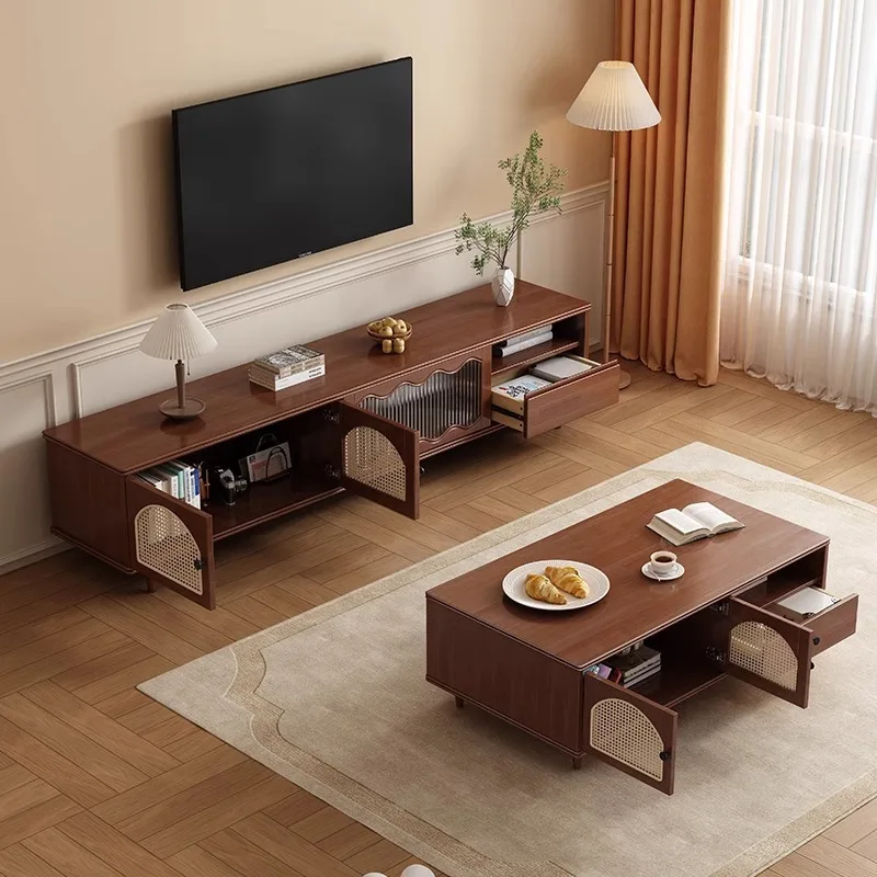 Medieval rattan solid wood TV cabinet coffee table group living room retro floor 1.8M TV cabinet coffee table locker