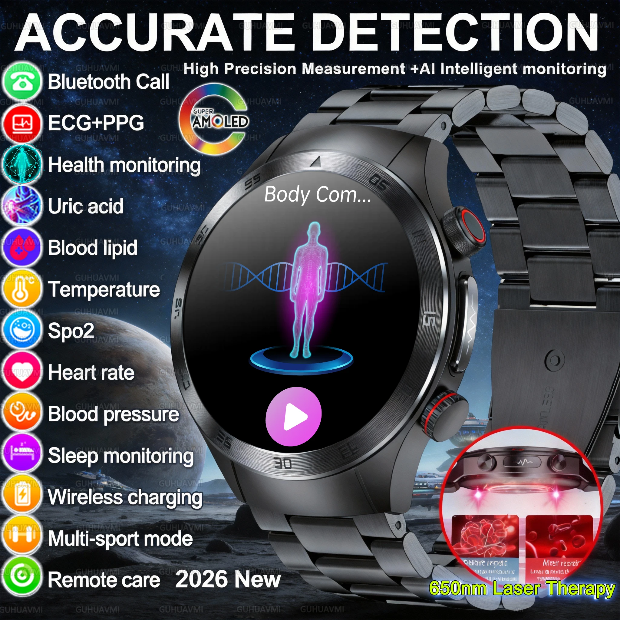 

2026 New Accurate Health Tracker Body Fat Uric Acid Smart Watch Laser Therapy Watches Call ECG+PPG Sapphire screen Smart watches