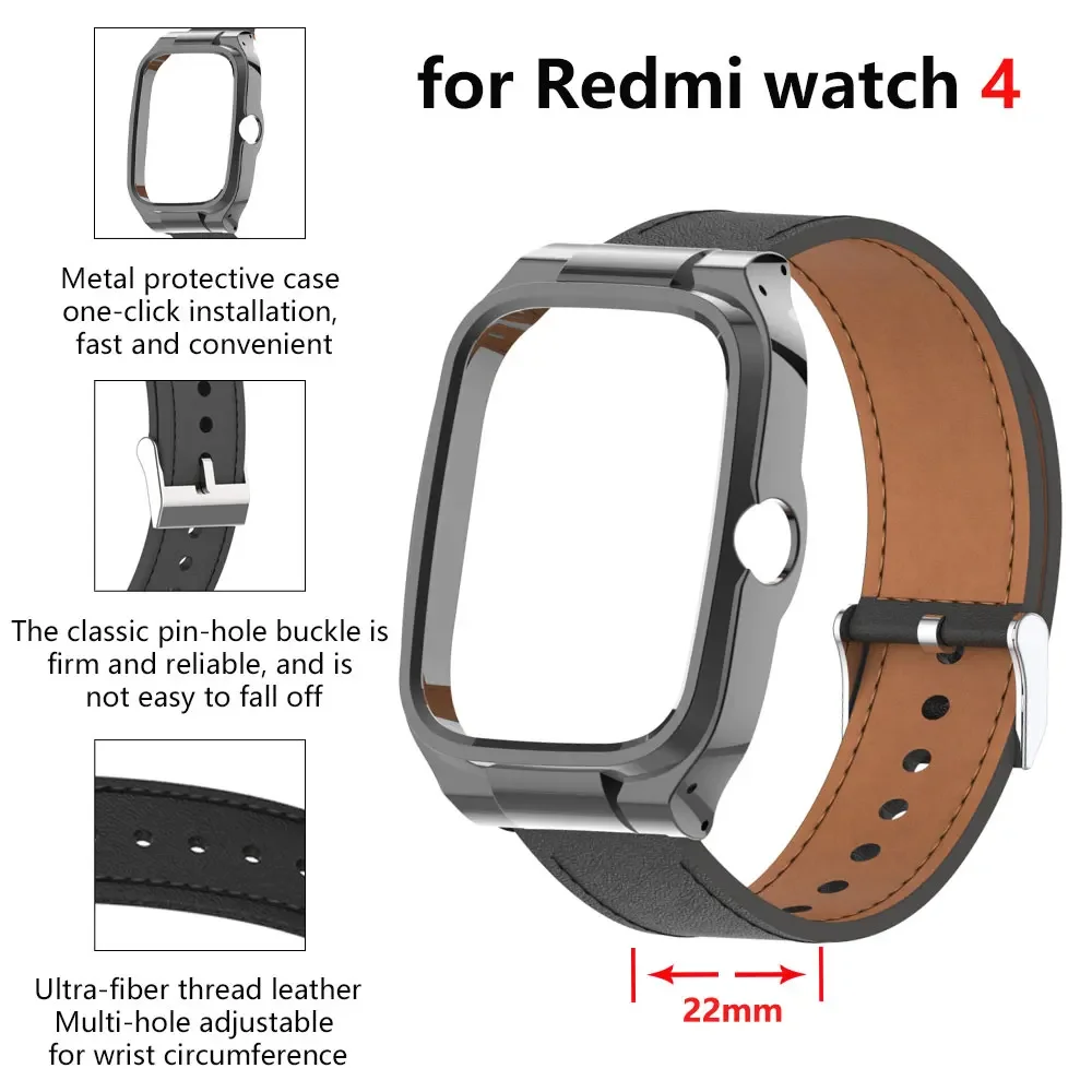 Leather suitable for Redmi watch 4 strap, high-quality Leather strap, metal protection case for Redmi Watch 4 replacement strap