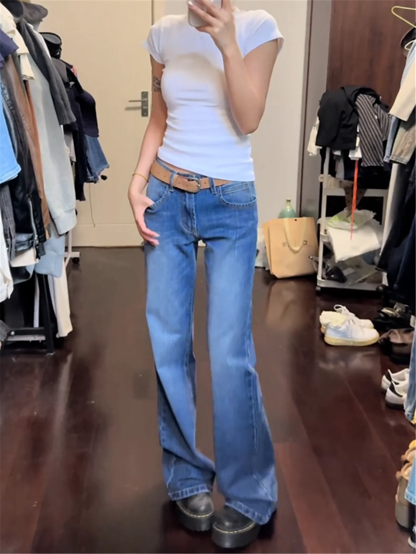 

Удлиненные женские джинсы-клеш из бамбуковой ткани с низкой посадкой, летние, свободные, стройнящие, нелипкие, в пол